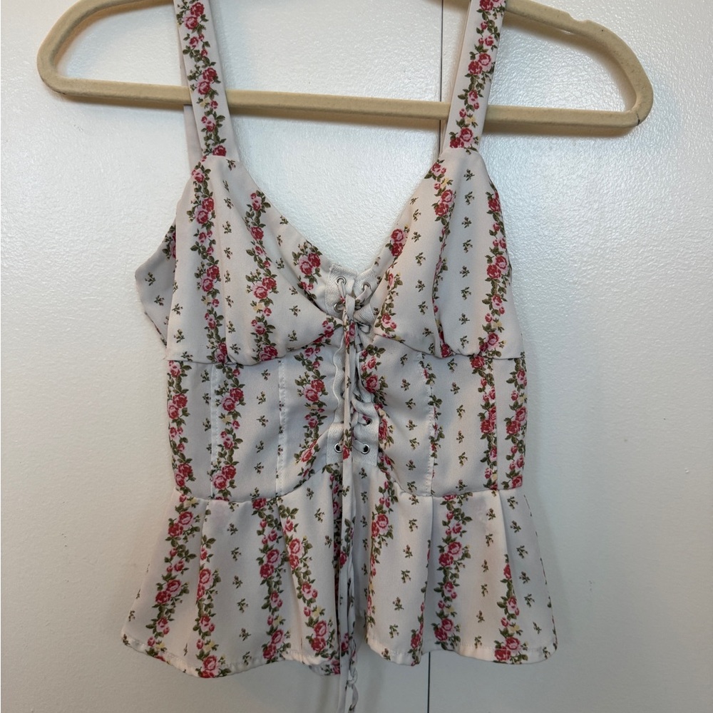 Floral Lace-Up White Tank Top